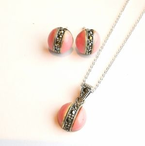 NWT Sterling Silver Pink enamel Swiss Marcasite necklace earring set